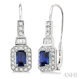 6x4MM Octagon Cut Sapphire and 1/2 Ctw Baguette and Round Cut Diamond Earrings in 14K White Gold