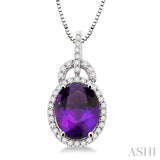 11x9mm Oval Cut Amethyst and 1/3 Ctw Round Cut Diamond Pendant in 14K White Gold with Chain