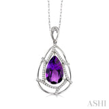 10x7mm Pear Shape Amethyst and 1/5 Ctw Round Cut Diamond Pendant in 14K White Gold with Chain