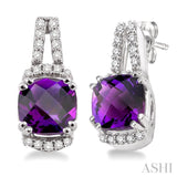 7mm Cushion Cut Amethyst and 1/4 Ctw Round Cut Diamond Earrings in 14k White Gold