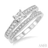 3/4 Ctw Diamond Wedding Set with 1/2 Ctw Princess Cut Engagement Ring and 1/6 Ctw Wedding Band in 14K White Gold