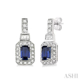 5x3 MM Octagon Cut Sapphire and 1/4 Ctw Round and Baguette Cut Diamond Earrings in 14K White Gold