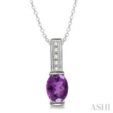 8x6 mm Oval Cut Amethyst and 1/50 Ctw Single Cut Diamond Pendant in Sterling Silver with Chain