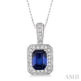 6x4 mm Emerald Cut Sapphire and 1/5 Ctw Round Cut Diamond Pendant in 14K White Gold with Chain