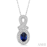 6x4 MM Oval Cut Sapphire and 1/5 Ctw Round Cut Diamond Pendant in 14K White Gold with Chain