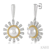 1/5 ctw Sunflower 6x6mm Pearl & Round Cut Diamond Earring in 10K White and Yellow Gold