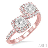 5/8 Ctw Conjoined Cushion Mount Round Cut Diamond Lovebright 2Stone Ring in 14K Rose and White Gold