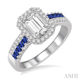 1/4 ctw Emerald Shape 1.60MM Princess Cut Sapphire & Round Cut Diamond Semi-Mount Engagement Ring in 14K White Gold