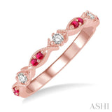 1.35 MM Round Cut Ruby and 1/10 Ctw Round Cut Diamond Half Eternity Wedding Band in 14K Rose Gold