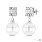 1/10 ctw 6x6MM Pearl, Baguette and Round Cut Diamond Earring in 14K White Gold