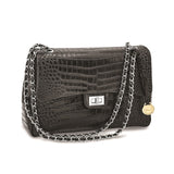 Top Grain Leather Croc Texture Black Chain Strap Handbag with Zip Pocket, 2 Slip Pockets, and Key Fob