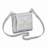 Top Grain Leather Croc Texture Silver-Grey Zip-Top Crossbody Handbag with Organizer Section, 4 Card Slots, Zip Pocket, Key Fob