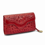 Top Grain Leather Croc Texture RFID Blocking Red Zip-Top with Magnetic Flap Clutch Purse and Removable Crossbody Strap